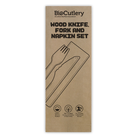 16cm Wood Knife, Fork & Napkin Set - 16cm - Qty 400/ctn